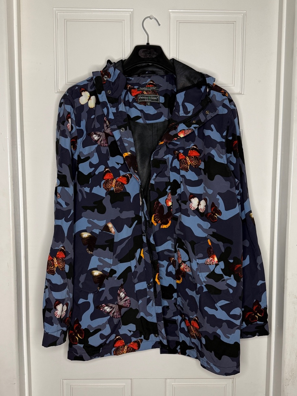 Paisley &Gray Blue Camouflage Raincoat with Butterfly Print
